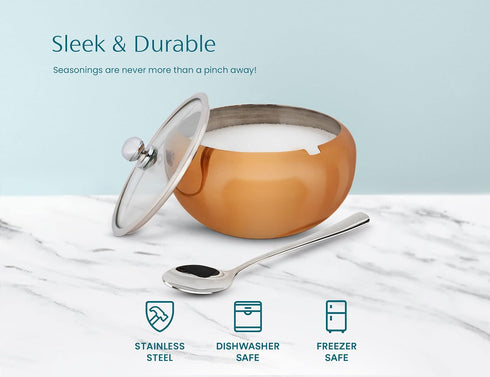 KooK Sugar Bowl, Sugar Bowl with Lid and Spoon, Sugar Container with Lid, for Salt, Coffee, Holds 2 Cups, Dishwasher Safe, Copper, 16 Oz...