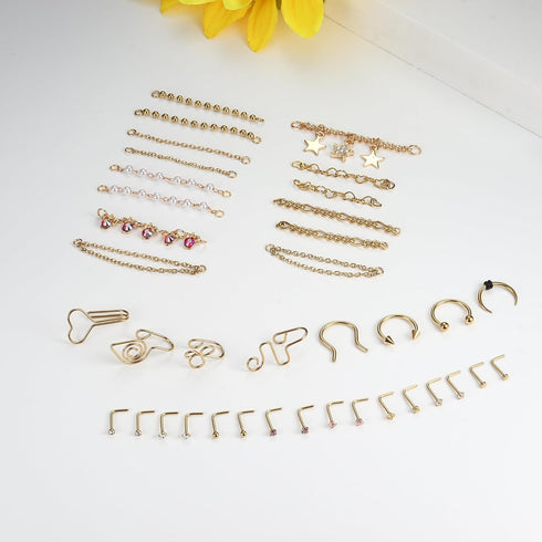 20G Nose Rings Studs with Chains African Nose Ring Cuff Horseshoe Septum Rings Stainless Steel Star Heart Nose Ring Chain Piercing Jewelry Set for...