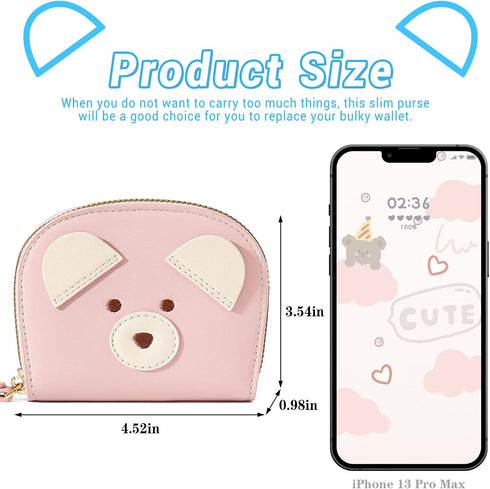 YINHEXI Cute Card Holder Wallet for Women, Bear RIFD Small Leather Zipper Credit Card Holder Wallet for Women with Keychain Wristlet, Business Car...