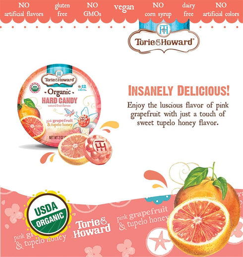 Torie and Howard Organic Hard Candy Tin, Pink Grapefruit and Tupelo Honey, 2 Ounce...