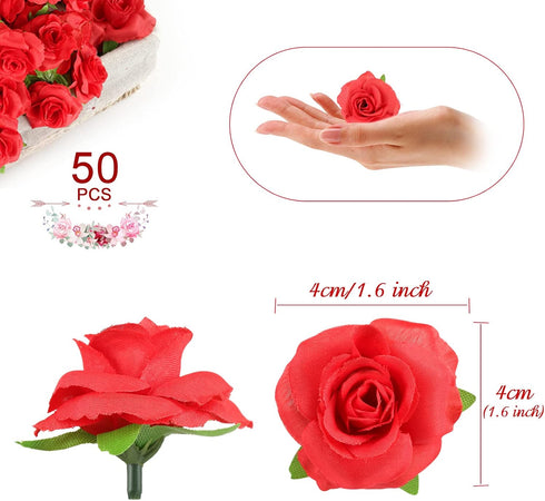 Kesoto 50pcs Red Roses Buds Artificial Flowers Bulk, 1.6" Small Silk Fake Roses Flower Heads for Decoration, Crafts, Wedding Centerpieces Bridal S...