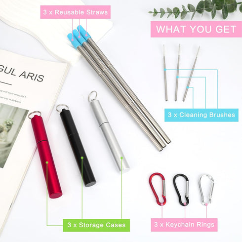 FYY Reusable Straws with Case - 3 Pack Collapsible Stainless Steel Travel Straws with Cleaning Brush & Silicone Tips Portable Telescopic Drinking ...