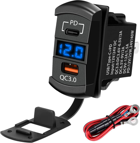 USB Rocker Switch Outlet, Linkstyle QC 3.0 USB-A Port, USB C Port and Voltage Meter with Blue LED Digital Display, Waterproof 12V 24V Rocker Switc...