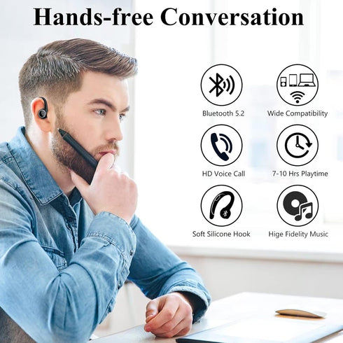 Bluetooth 5.2 Headset, Single Ear Earpiece Earphone with Mic, Hook, Noise Cancelling Headset for Business, Trucker, Driver, Wireless Bone Conducti...