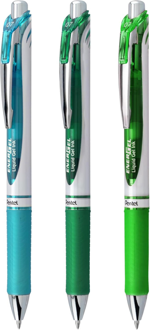 EnerGel RTX Retractable Liquid Gel Pen, 0.7mm, Chill Hue, Turquoise, Green, and Lime Green Ink, Pack of 3 Pens (BL77CHIBP3M)...