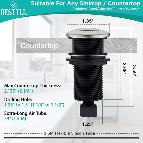 Sink Top Garbage Disposal Air Switch Button with Air Hose, Brushed Nickel Long Button...