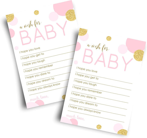 Pink and Gold Wishes Cards (20 Pack) Baby Shower Games for Girls - Guest Book Alternative Cute Words of Wisdom - Keepsake Activity for Wishing Wel...