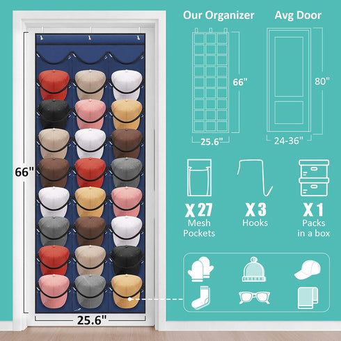 Hat Rack for Baseball Caps 27 Pockets - Hat Organizer Hanging Over The Door Baseball Hat Storage for Closet Wall - Visible Hat Holder With 3 Hooks...