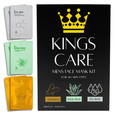 Mens Face Mask Skin Care Kit (6 Pack) - Turmeric Anti-Acne, Aloe Vera Soothing & 2% BHA Salicylic Acid Sheet Mask - Skin Care for Men Face Masks f...