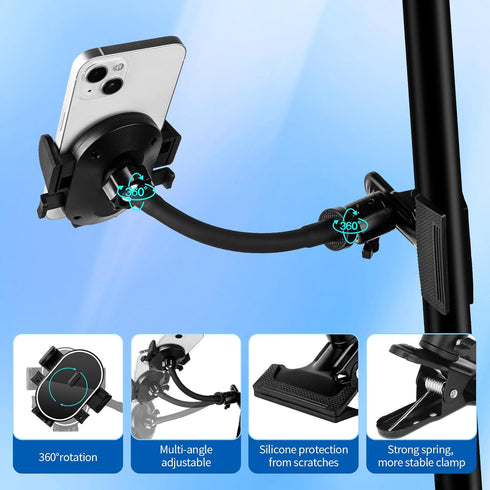 Clip Phone Holder for Desk,Table,Desktop Baffle,Flat Surface,Strong Pipe,Pole,Music Stand,with 360°Adjustable Gooseneck Arm Cell Phone Clamp Mount...