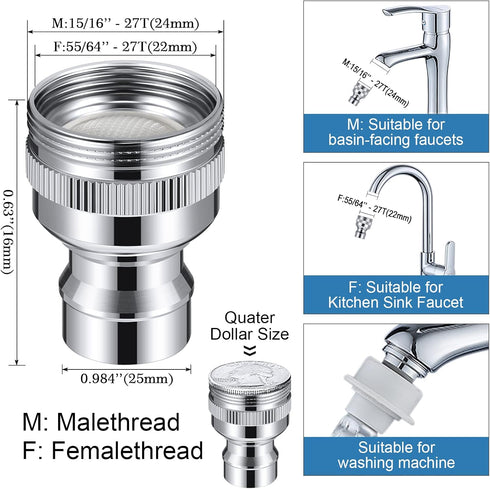 Dreyoo 2 Pcs Dishwasher Faucet Adapter, Dishwasher Snap Adapter Connection 15/16-27Male or 55/64-27Famale Chrome (With Filter)...