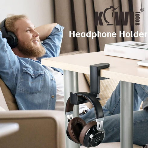 KIWIFOTOS Headphone Stand Holder Under Desk, PC Gaming Headset Hook Hanger Mount with 360 Adjustable Rotating Arm Clamp & Built in Cable Clip - Bl...