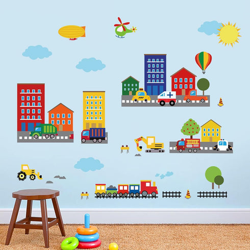 decalmile Construction Cars City Wall Decals Transportation Roads Kids Wall Stickers Baby Nursery Childrens Bedroom Playroom Wall Decor...