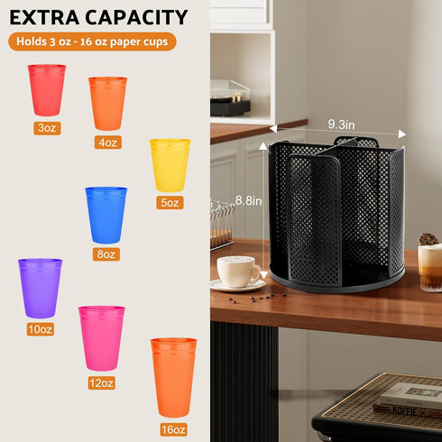 Rotating Paper Cup Dispenser, Cup Holder with 4 Compartments, Disposable Coffee Cup Dispenser Removable, Plastic Cup Storage & Lid Holder for Coun...