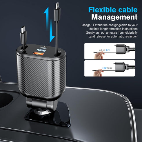 PLDHPRO Retractable Car Charger 4 in 1 62W Fast Charging Adapter, Retractable Cable and Dual Charger Ports Compatible iPhone 15/14/13/12 Pro Max X...
