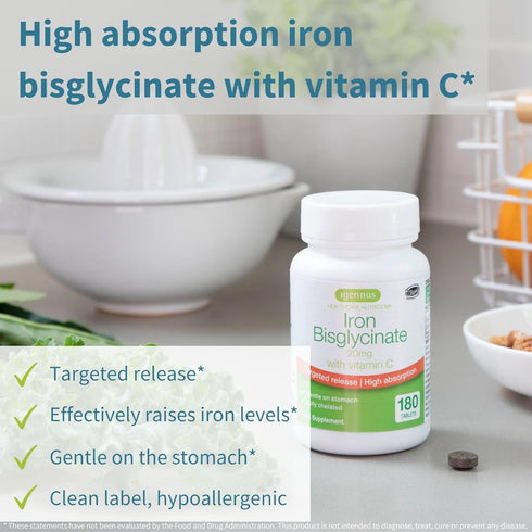 High Absorption Chelated Iron Bisglycinate 20mg with Vitamin C, Non Constipating Gentle Iron, 180 Tablets, Targeted Release, One Daily, Vegan, by ...
