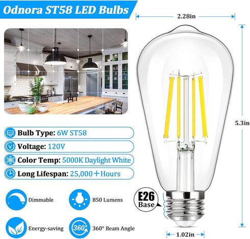 8 Packs Dimmable E26 LED Bulbs 60W Equivalent 6W 850 Lumens Vintage LED Edison Bulbs, ST58 5000K Daylight White Edison Light Bulbs, Antique LED Fi...