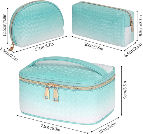 KTMOUW Makeup Bag 3 Pcs Waterproof Cosmetic Bag Set Portable Travel Cosmetic Bag Multifunction Organizer Storage Bag Weave Toiletry Bag for Women,...