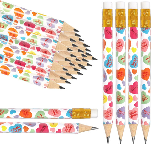 50Pcs Valentine's Day Short Pencil with Erasers 4 Inch Conversation Heart Writing Pencils 2 Styles Colorful Wood Half Pencils for Holiday School O...