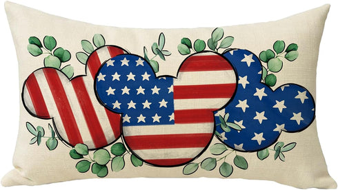 4th of July Cartoon Mouse Patriotic Lumbar Decorative Throw Pillow Cover 12 x 20, Rectangular America USA Eucalyptus Leaves Outdoor Home Decor, Am...