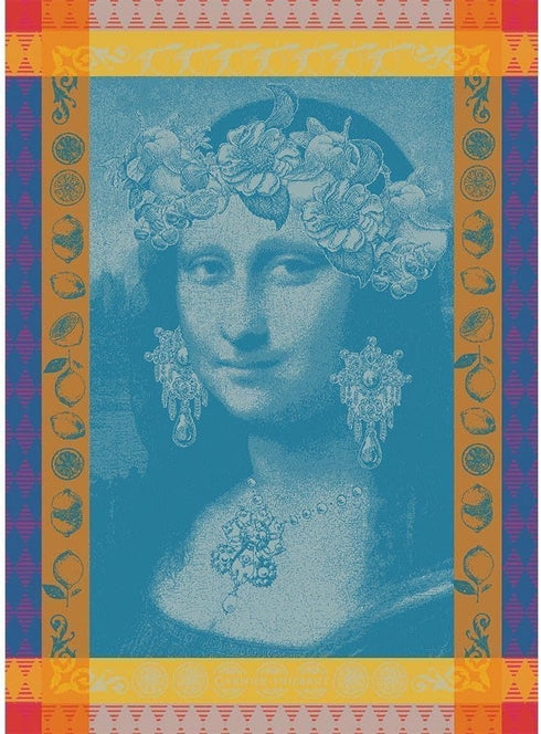 Garnier Thiebaut Mona Lisa Bleu (Mona Lisa Blue) French Kitchen Towel 22"x30", Cotton, Jacquard...