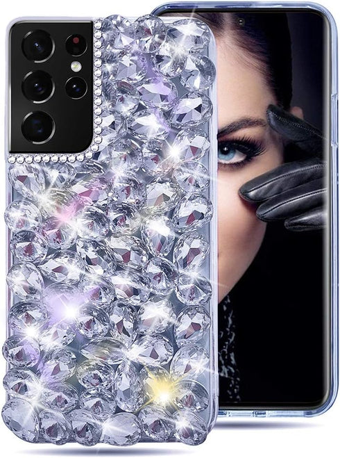 Bonitec Compatible with Galaxy S21 Ultra Case 3D Glitter Sparkle Bling Case Luxury Shiny Crystal Rhinestone Diamond Bumper Clear Gems Cute Protect...
