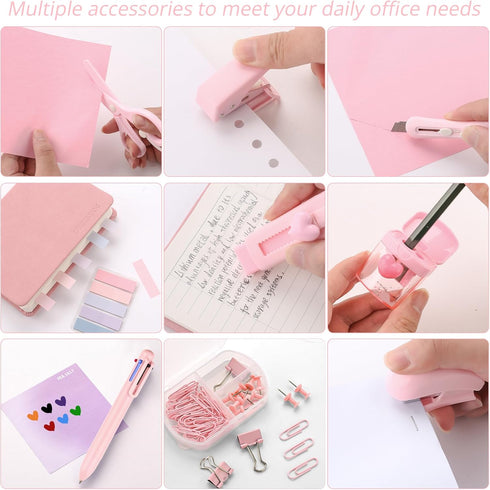 Pink Mini Office Supply Kit Mini School Supplies Desk Accessory Set Includes Mini Stapler Pencil Sharpener Staple Remover Hole Punch Ballpoint Pen...