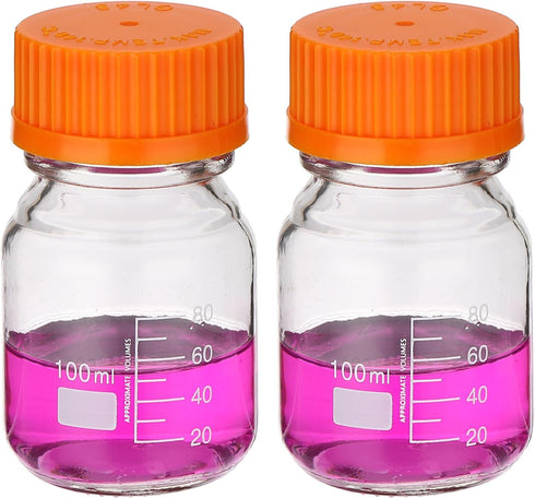 PATIKIL 2 Pack Reagent Media Storage Bottles, 100ml Borosilicate Glass Graduated Round Bottles with Orange GL32 Screw Cap for Lab Water Reagent Li...