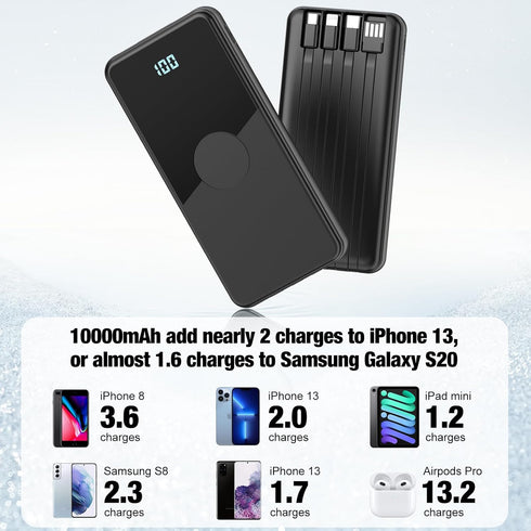 Portable Charger with Built in Cables,High Speed Power Bank 10000mAh Travel Battery Pack 5 Outputs 3 Inputs Portable Phone Charger Backup Battery ...
