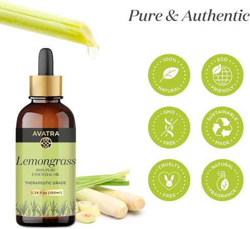 Avatra Lemongrass Essential Oil for Scalp, Skin, & Diffuser | Aromatherapy | Soaps & Candles | Pure & Natural Essential Oil- 3.38 Fl Oz...