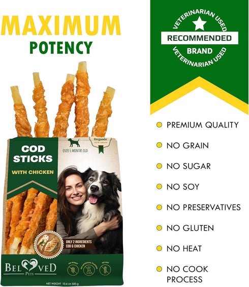Beloved Pets Cod Sticks Dog Treats Chicken Wrapped - All Natural Rawhide - Free & Grain Free Long Lasting Chews for Large & Small Dogs - Dried Pet...