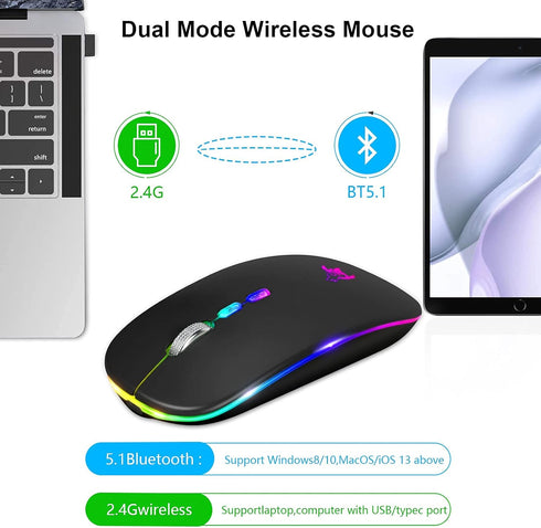 BQSS LED Wireless Mouse, Slim Rechargeable Silent Portable USB Optical 2.4G Wireless Bluetooth Two Mode Computer Mice with USB Receiver and Type C...