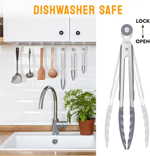 HOTEC Premium Stainless Steel Locking Kitchen Tongs with Silicon Tips, Set of 3-7", 9" and 12" (Grey)...