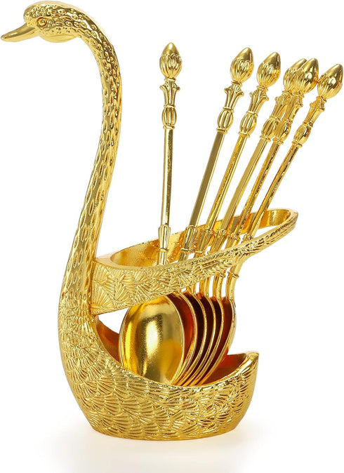 14 Pack Swan Base Holder with Coffee Spoon Forks, Gold Creative Dessert Flatware Set, Decorative Party Golden Serving Teaspoons for Stirring, Mixi...