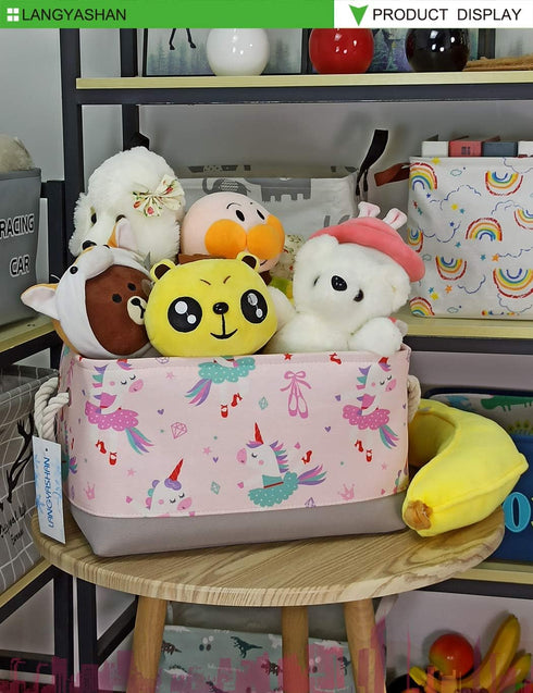 LANGYASHAN Rectangular Storage Bin Collapse Canvas Fabric Cartoon Storage Basket with Handles for Organizing Home Kitchen Boys and Girls Toys Offi...