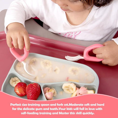 Baby Self Feeding Training Spoon and Fork Set with Travel Case, BPA-Free Cute Circle Toddler Training Utensils, Silicone/ABS Great Tableware Set S...