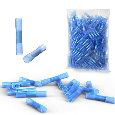 Heat Shrink Butt Wire Connectors - 60Pcs 16-14 AWG Blue Insulated Waterproof Electrical Wire Connectors, Marine Grade Insulated Crimp Wire Connect...