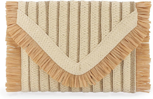 Straw Clutch Purse for Women Envelope Beach Bag with Fringe Trim Summer Woven Clutch Handbag...