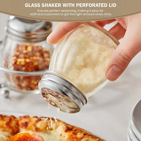 OCS Parts 3.5-Inch Glass Shaker with Chrome Plated Perforated Lid | Grated Cheese, Chili and Red Pepper Shaker for Home and Commercial Use...