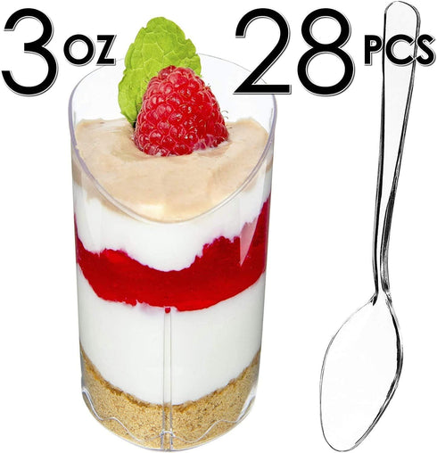 DLux 28 x 3 oz Mini Dessert Cups with Spoons, Slanted Triangle - Clear Plastic Parfait Appetizer Cup - Small Reusable Serving Bowl for Tasting Par...
