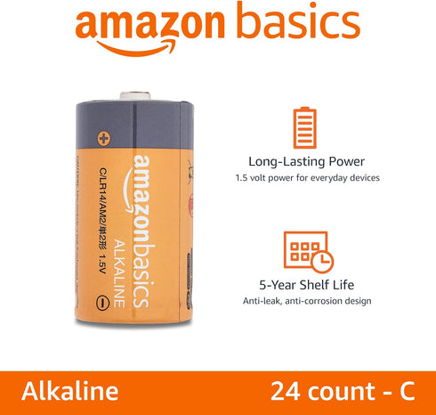 Amazon Basics 24-Pack C Cell Alkaline All-Purpose Batteries, 1.5 Volt, 5-Year Shelf Life...