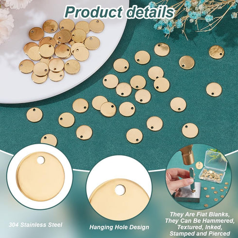 PH PandaHall 50 Pcs 304 Stainless Steel Flat Round Blank Stamping Tag Pendants Charms for Bracelet Necklace Jewelry DIY Crafts Making, Gloden...