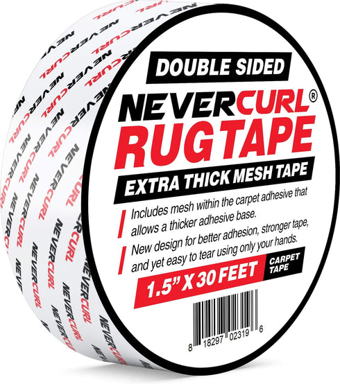 iPrimio NeverCurl Double Sided Extra Thick Rug Tape for Area Rugs on Carpet with Mesh Fabric - 1.5" by 30 Feet Roll - Anti Slip Non Skid Gripper T...