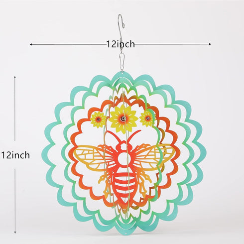 Kinetic 3D Metal Bee Wind Spinner Hanging Ornament Worth Gift for Home and Garden - 12inch Bee Mandala Kinetic Hanging Whirligigs Sun Catcher Wind...