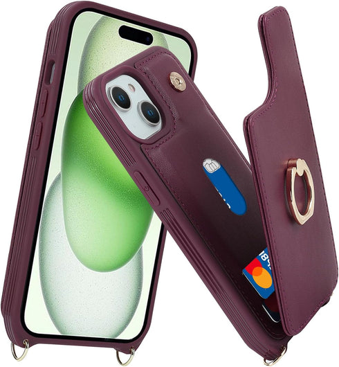 for iPhone 15 Case with Card Holder and Strap for Women,Crossbody Lanyard,Stand Ring Kickstand,Snap Clasp,Phone Wallet Cases 6.1 inch(Wine Red)......