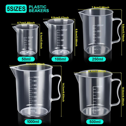 Teenitor Graduated Cylinder Plastic Beaker, 5pcs Plastic Graduated Cylinder 10ml 25ml 50ml 100ml 250ml and 5pcs Plastic Beakers 50ml 100ml 250ml 5...