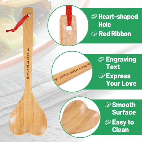 Bamboo Heart Shaped Spoon for Cooking - Wooden Cook with Love Spoon Kitchen Utensils, Valentines Mother's Day Gifts for Grandma Mom Couple Wife Ho...