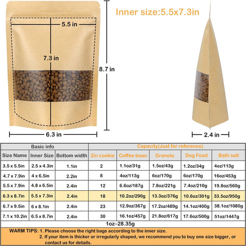 Blisstime Stand Up Pouches, 50 Pack Kraft Paper Bags with Matte Window and Tear Notch Resealable Bags for Small Business Home Use (6.3 X 8.7 Inche...