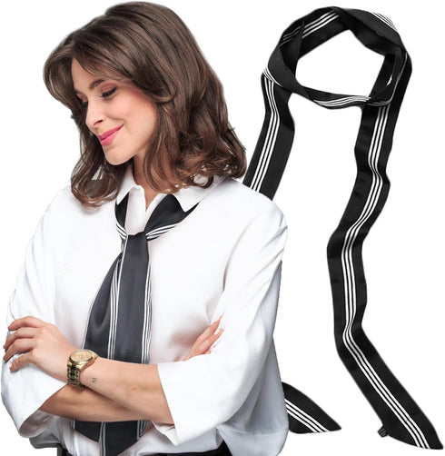 Luwint Long Thin Satin Scarf, Stripped Skinny Silk-like Necktie Chiffon Scarves Narrow Sash Waist Belt for Girl Women (Black)...