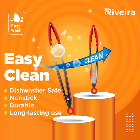 Riveira Red Tongs for Cooking with Silicone Tips | 9 and 12-Inch Pieces | Non-Stick Kitchen Grill Tongs | BBQ Tongs for Grill | 550°F High Heat-Re...